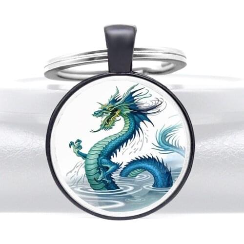 Japan Anime Dragon Design Glass Cabochon Metal Pendant Key Chain Charm Men Women Key Ring Jewelry Gifts Keychains