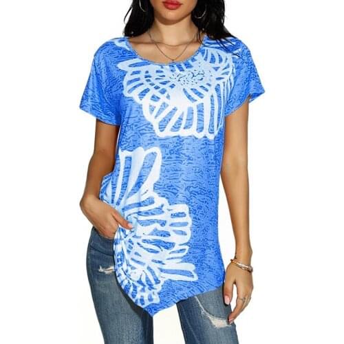 Casual Tshirt Top Floral Print Summer Short T-Shirts Womens 2020 Asymmetric Hem T-Shirt Short Sleeve Large Size Women Tops 5XL