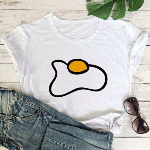 Womens summer shirt white o-neck short sleeve top funny fried egg cartoon print ladies plus size t-shirt