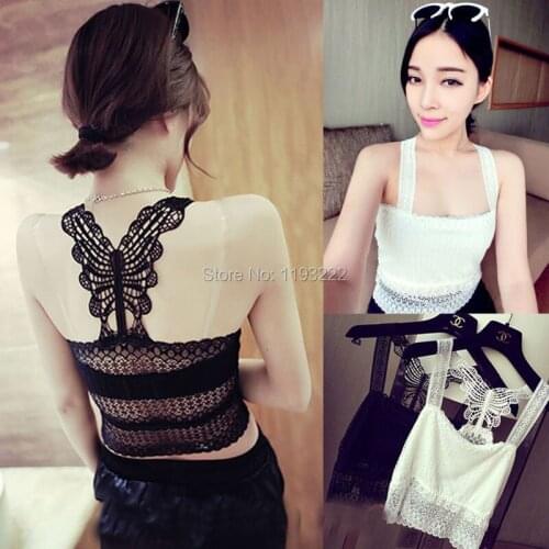 Fashion Womne Sexy Sheer Lace Floral Backless Butterfly Strap Padded Wrap Chest Crop TOP Blouse Shirt