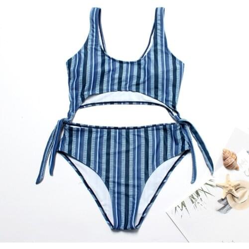 Womens mid waist bikini suit bra push up elastic hollow swimwear 2019 new swimwear Stripe Tie beach swimwear