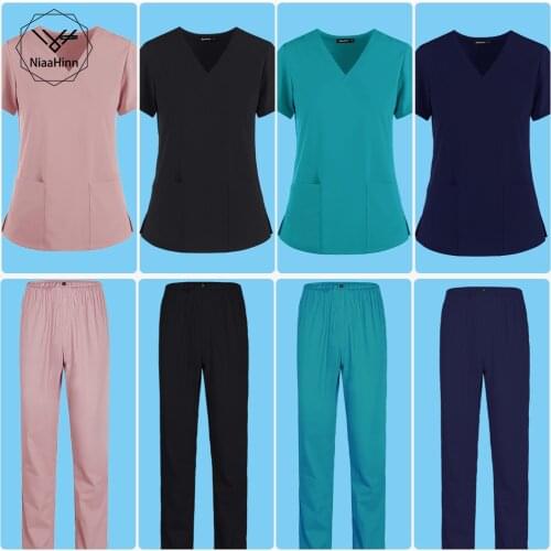 Womens short-sleeve V-neck solid color nursing work scrub uniform suit clinic nurse uniform protective clothing care worker lab