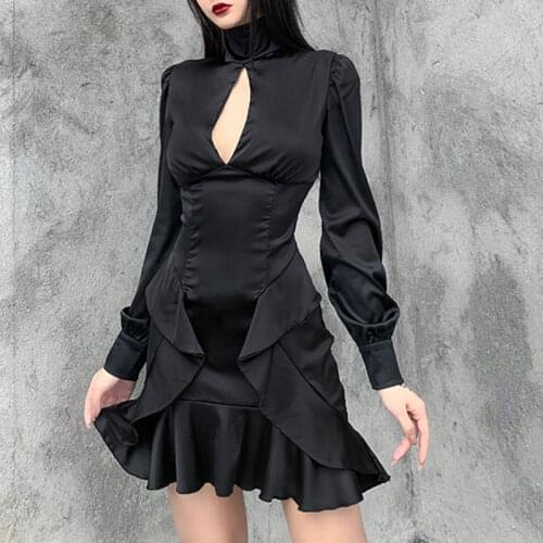Hollow Out Mini Dress Women High Waist Party Outfits Ruffle Dress Vintage Elegant Black Gothic Dress Goth Aesthetic Sexy