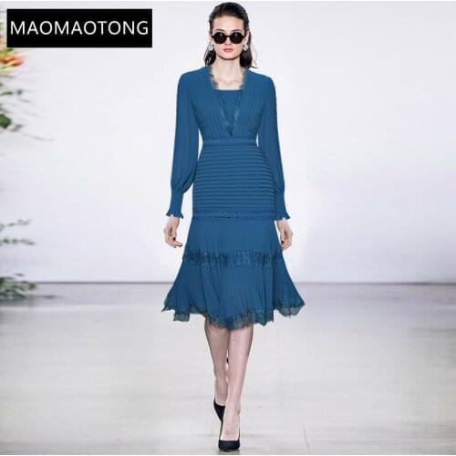 2021 Fashion Runway Summer Black/Blue Dress Women V-neck Lace Patchwork Long sleeve High street Lady Elegant Midi Dress