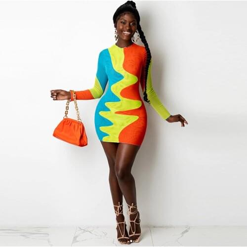 Contrast Color Spliced Elegant Pencil Dress Women Autumn Long Sleeve Round Neck Bodycon Dresses Fashion Package Hip Mini Dress