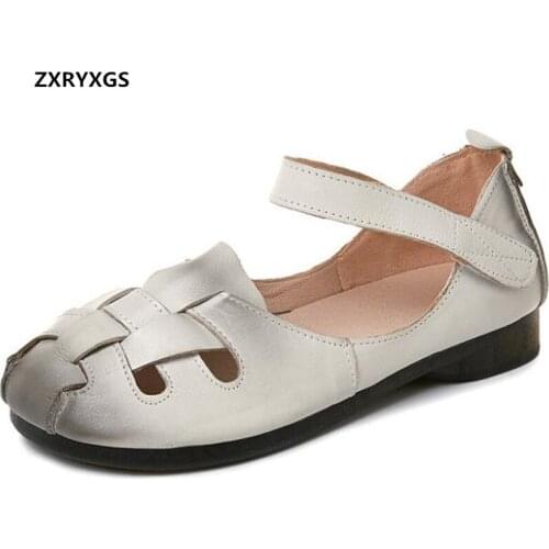 ZXRYXGS 2021 New Round Toe Hollow Genuine Leather Sandals Flat Casual Elegance Sandals Comfortable Soft Sole Women Shoes Sandals