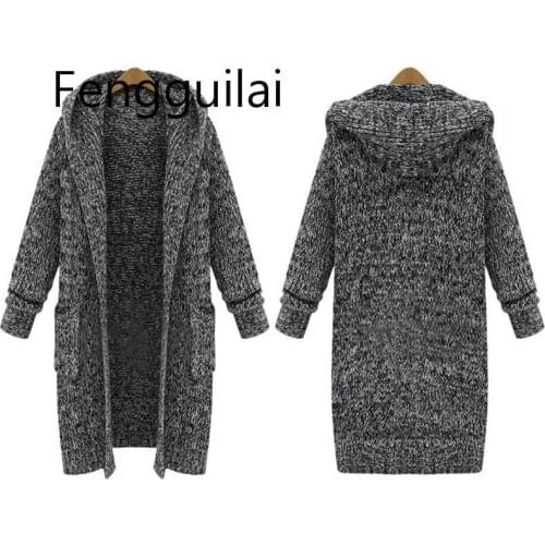 2020 large size women&#39s autumn and winter Europe and the new long thick knit loose hooded sweater coat women sweater cardiga