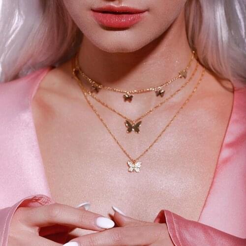 3 Pcs/Set Women Gold Color Necklaces Set Boho Beach Butterfly Pendant Multilayer Clavicle Chain Lady Party Necklace Jewelry