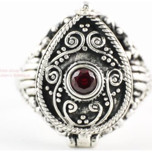 925 Sterling Silver Red Crystal Locket Victorian Poison Ring Men Women A3777