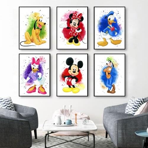Watercolor Disney Mickey Minnie Mouse and Donald Duck Canvas Painting Cartoon Poster Print Cuadros Wall Art for Kids Room