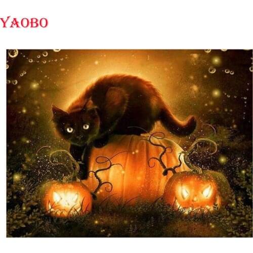 DIY 5D Round Diamond Embroidery black cat pumpkin Diamond painting Full square New Arrivals Cross Stitch,Mosaic Kit,Arts & Craft