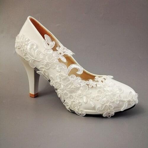 White lace appliques pumps shoes woman handmade plus size 9CM high heels platforms flower girl bridal bride wedding shoes