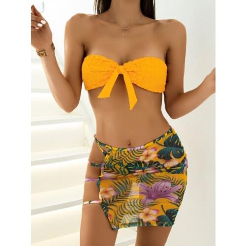 Off Shoulder Printed Bikini Women Swimwear Female Swimsuit Three-pieces Bikini set With Knot Bather Bathing Suit Swim