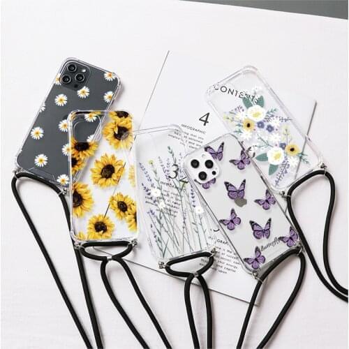 Cute Flower Butterfly Case For Samsung Galaxy S21 S20 S10 S9 Note 20 FE Plus Ultra A50 A51 A52 A32 A12 A71 A70 Lanyard PC Bumper