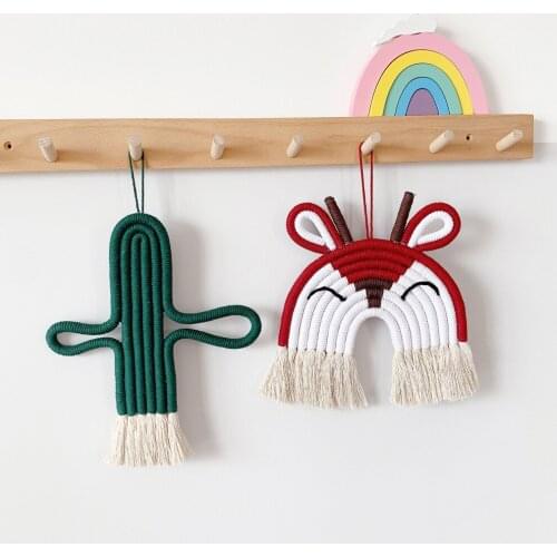 Children Gifts Nordic Hand-Woven Wall Tapestry Cartoon Rainbow Fawn Lion Pendant Childrens Room Decor Wall Hanging Ornaments