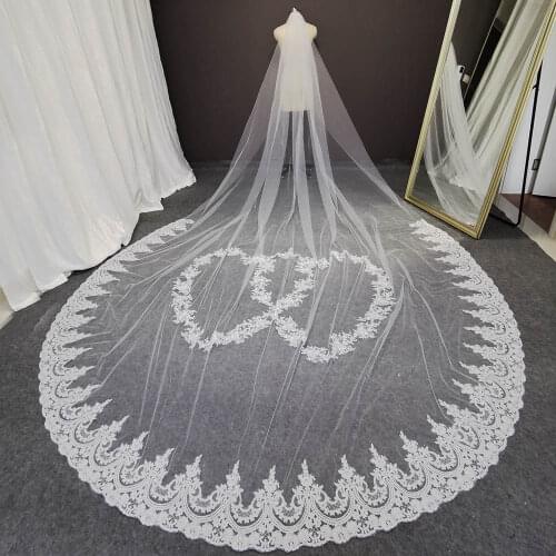 Real Photos 4 Meters Long Wedding Veil Lace Appliques Heart Pattern One Layer Bridal Veil with Comb Wedding Accessories