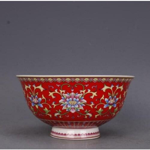 Chinese Qing Qianlong Famille Rose Porcelain Red Glaze Peony Design Bowl 4.8"