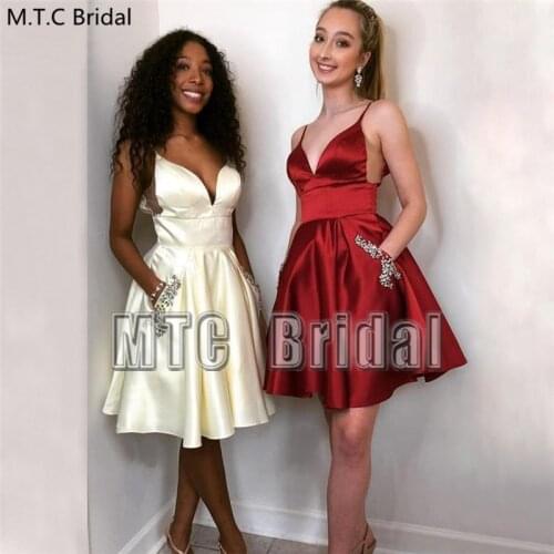 Short Burgundy Prom Dresses With Crystal Pockets Knee Length Sweetheart Satin Plus Size Wedding Party Dress Wholesale Girl Gowns