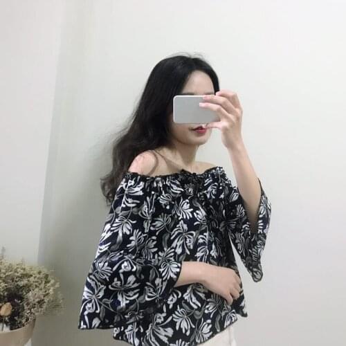 Summer Chiffon Blouse Sexy Slash Neck Flare Sleeve Vintage Ruffle Blusas Women Floral Print Off The Shoulder Blouse