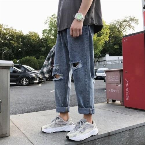Mens pants with holes in jeans and pants in summer loose straight pants trend Joker mens pants