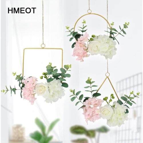 HMEOT Simulation rose hydrangea wreath creative wall decor ins iron wreath hemp rope artificial flowers for home decoration