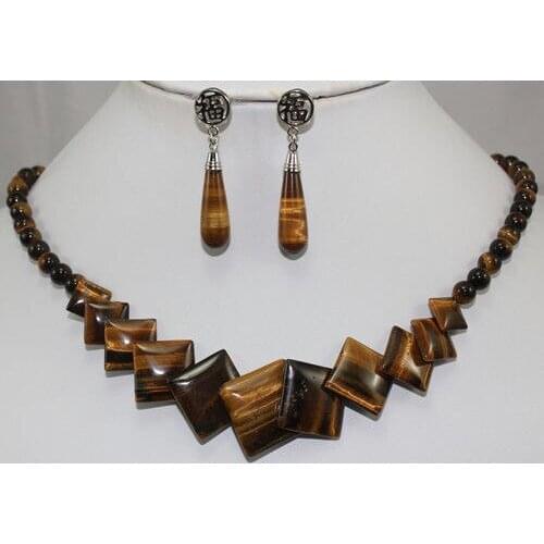 Charming Tiger Eye Stone Beads Square gem Necklace Stud Earrings Jewelry Set Natural Genuine 18inch Wedding women Jewe