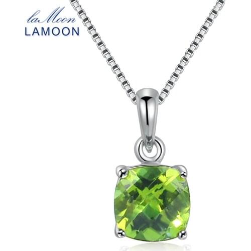 LAMOON 7mm Natural Square Peridot 925 Sterling Silver Simple Pandent Chain Necklace Women Jewelry S925 LMNI037