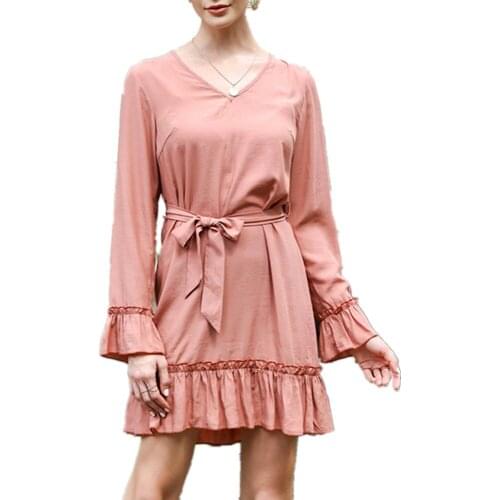 Pdfmily Red Long Petal Sleeve Sweet Dresses Women Autumn Casual Patchwork Solid V-Neck Belt Ruffles A Line Mini Dress