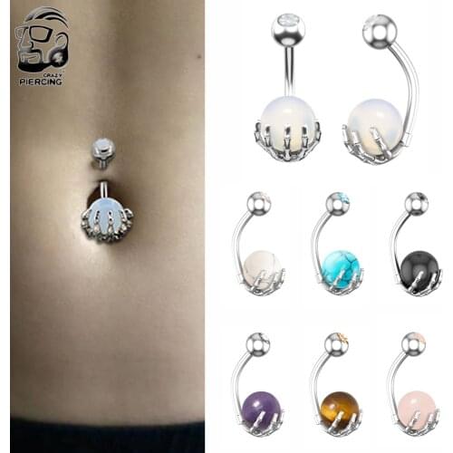 Punk Opalite Navel Piercing Ombligo Skeleton Hand Holding Stone Ball Belly Button Rings 14g Steel Body Jewelry Women Men Oreja