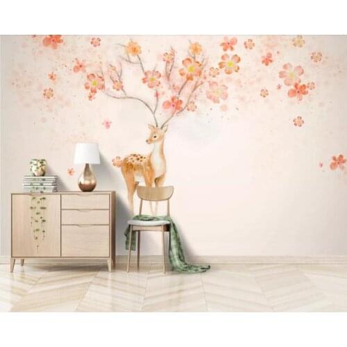 Custom 3D mural wallpaper flower clusters elk Nordic abstract water color elk background wall small fresh decoration painting