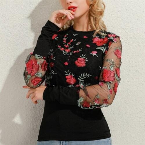 New Embroidery Floral Sheer Mesh Sleeve Blouse Shirts Women 2021 Spring Patchwork Pullovers Elegant Sexy See Through Tops