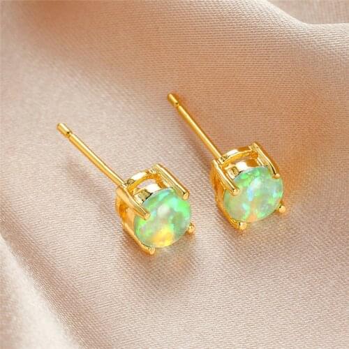 Cute Female 6mm Round Opal Jewelry Luxury Gold Color Wedding Earring Vintage Blue White Green Small Stud Earrings For Women