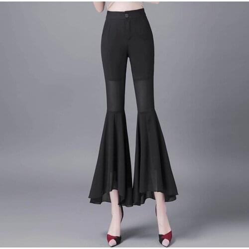 Women High Waist Chiffon Flared Pants Gothic Streetwear Vintage Pantalones Korean Fashion Plus Size Elegant Trousers Mujer Ropa