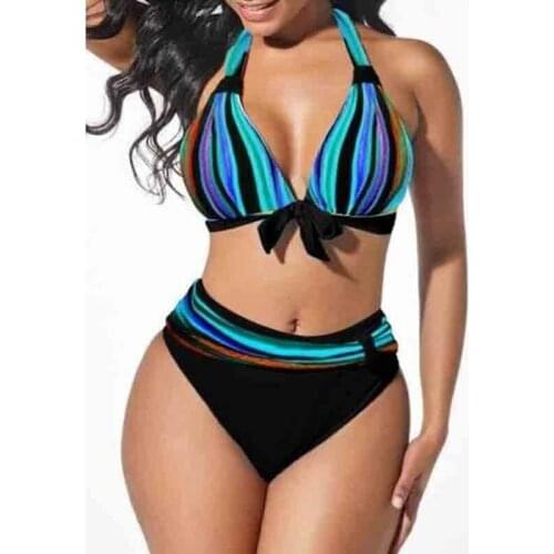 Plus Size Neon Striped Bikini Set Push Up Women High Waist Halter Beach Swimwear Retro Bowknot Bathing Suit Swimming Suit
