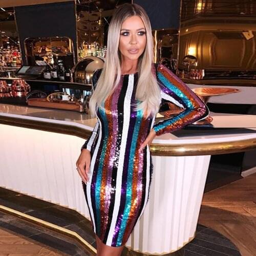 Glittering Sequin Striped Femme Dress Long Sleeve Round Neck Multicolor Mini Skinny Elegant Celebrity Party Women Dress