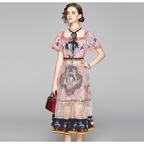 Runway Summer Vintage Ruffles Dress Womens Short Sleeve Bow Tie Stand Collar Mermaid Print Hollow Out Mesh Patchwork Dress