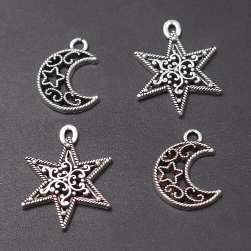 30pcs Mix Silver Plated Moon & Six-Pointed Star Pendant DIY Charms Bohemian Style Bracelet Earrings Jewelry Crafts Making A2448