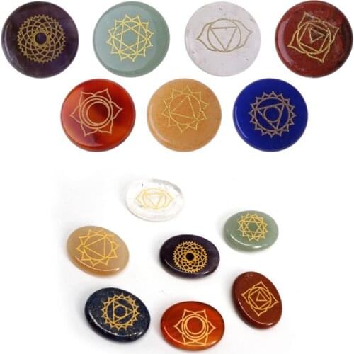 7Pcs Chakra Stones Reiki Healing Crystal Engraved Chakra Symbols Balance Stones MXME