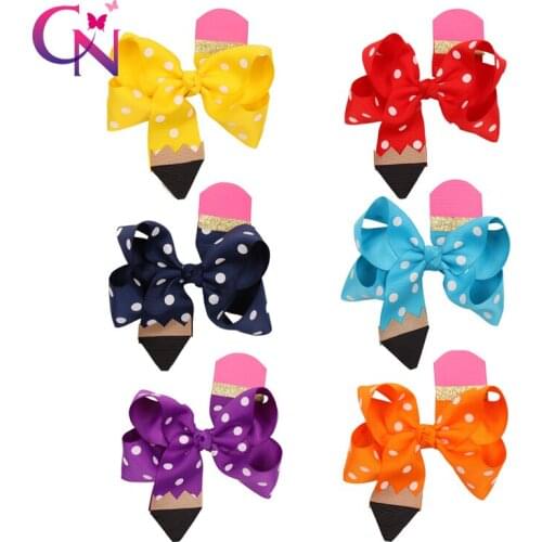 CN 12 Pcs/lots 4.5" Pencil Hair Bow With Clips for Girls Handmade Dot Grosrain Ribbon Glitter Knot Bow Children Hair Accessories