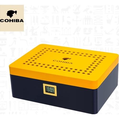 Cohiba Yellow Piano Finish Cedar Wood High-end Cigar Cigarette Humidor Box Set Accessory Big Capacity 80 Cigars Tobacco Storage