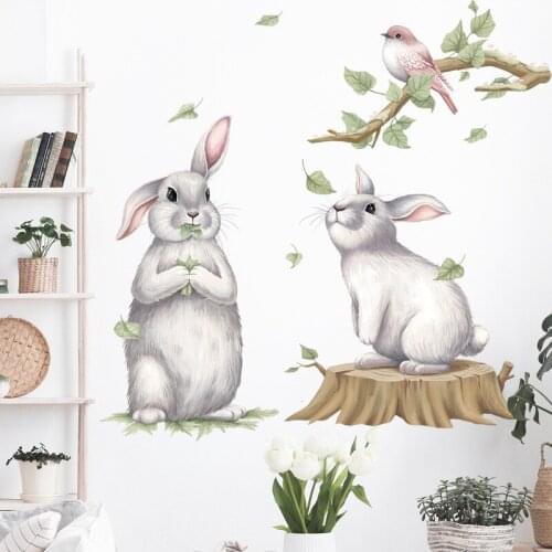 Two Cute Bunny on The Tree Stump Wall Stickers with Birds Living Room Bedroom Wall Decor Rabbits Sticker Wall Decals Home Decor