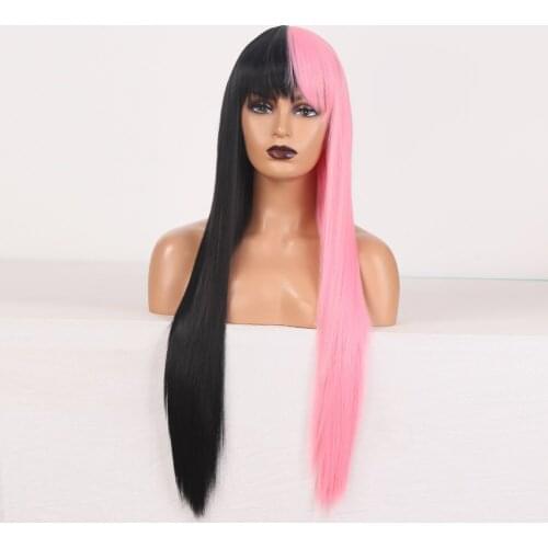 Two Tone Color Cosplay Wigs with Bang Synthetic Hair Soft Silky Straight Heat Resistant Fiber Hair Synthetic Wig