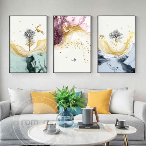 Fantastics Nordic Painting Modern Canvas Painting Gold deer and birds Wall Pictures for Living Room Bedroom and Aisle Home Deco