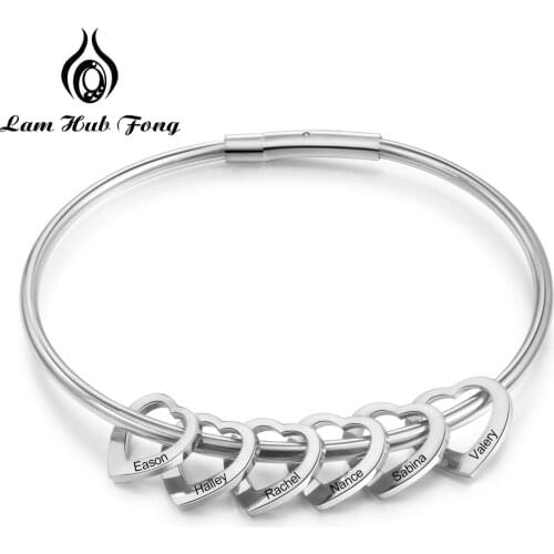 Personalized Bracelet Bangle with 2-6 Heart Charms Custom Women Stainless Steel Bracelet Jewelry Family Gift (Lam Hub Fong)