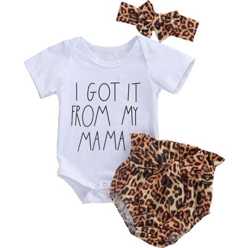 0-18M Newborn Infant Baby Girls Boys Clothes Sets 3pcs Letter Print Shorts Sleeve Romper Tops+Leopard Shorts+Headband Set