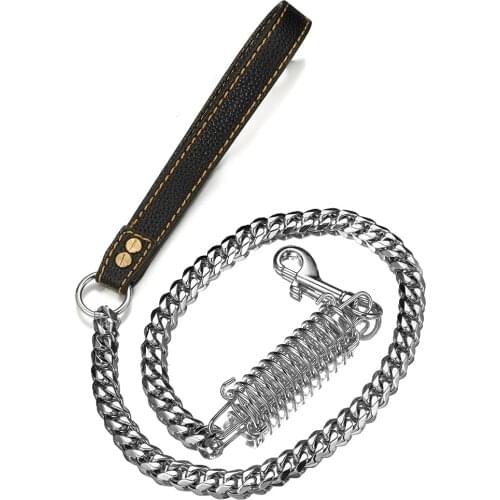 Cool 15MM Dog Leash Stainless Steel Silver Color Cuban Curb Chain Saving Spring Dog Leash With Genuine Leather Handle 1/2/3FT