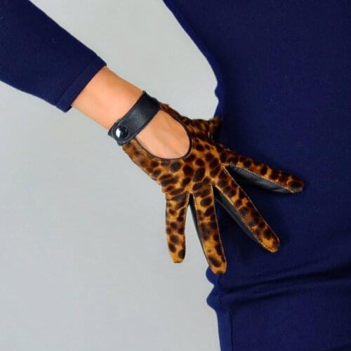 Real Leather Touchscreen Gloves Female 19cm Pure Sheepskin Fashion Leopard Black Patchwork Wrist Button Women Gloves ZP56