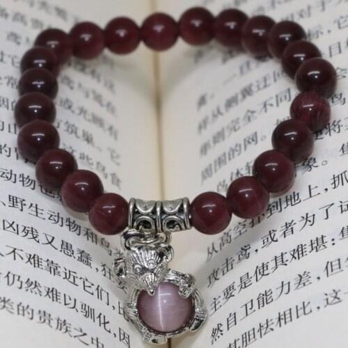 Original design free shipping vintage cute mouse pendant bracelets jewelry 8mm purple cat eyes opal round beads 7.5inch B2159