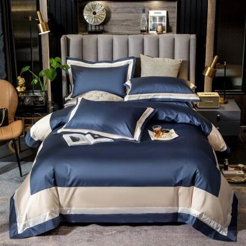 1000TC Egyptian Cotton Patchwork Stripe Navy Duvet Cover Queen King 4Pcs Luxury Soft Bedding Simple Fitted Bed Sheet Pillowcase