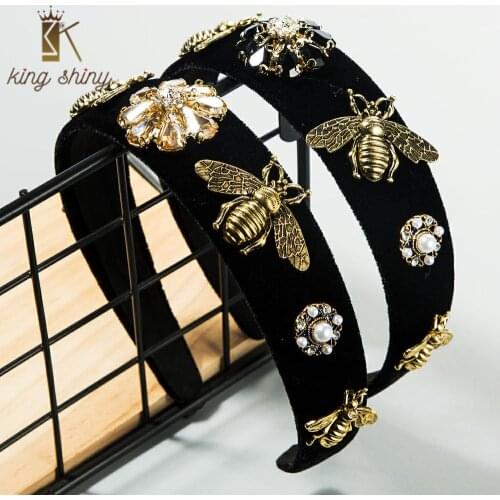 Luxury Baroque Simulated Pearl Bee Headband for Woman Vintage Black Velvet Crystal Hair Hoop Bezel Woman Party Hair Accessories